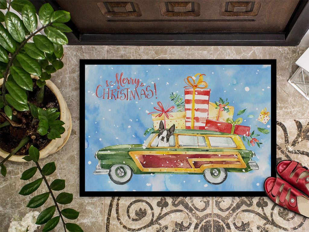 Merry Christmas Boston Terrier Doormat Indoor Outdoor 24H X 36W Front Door Mat Rugs for Entryway, Non Slip Washable Low Pile,