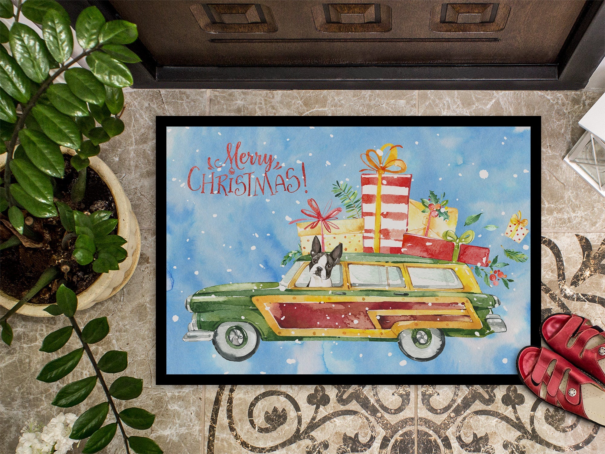 Merry Christmas Boston Terrier Doormat Indoor Outdoor 24H X 36W Front Door Mat Rugs for Entryway, Non Slip Washable Low Pile,