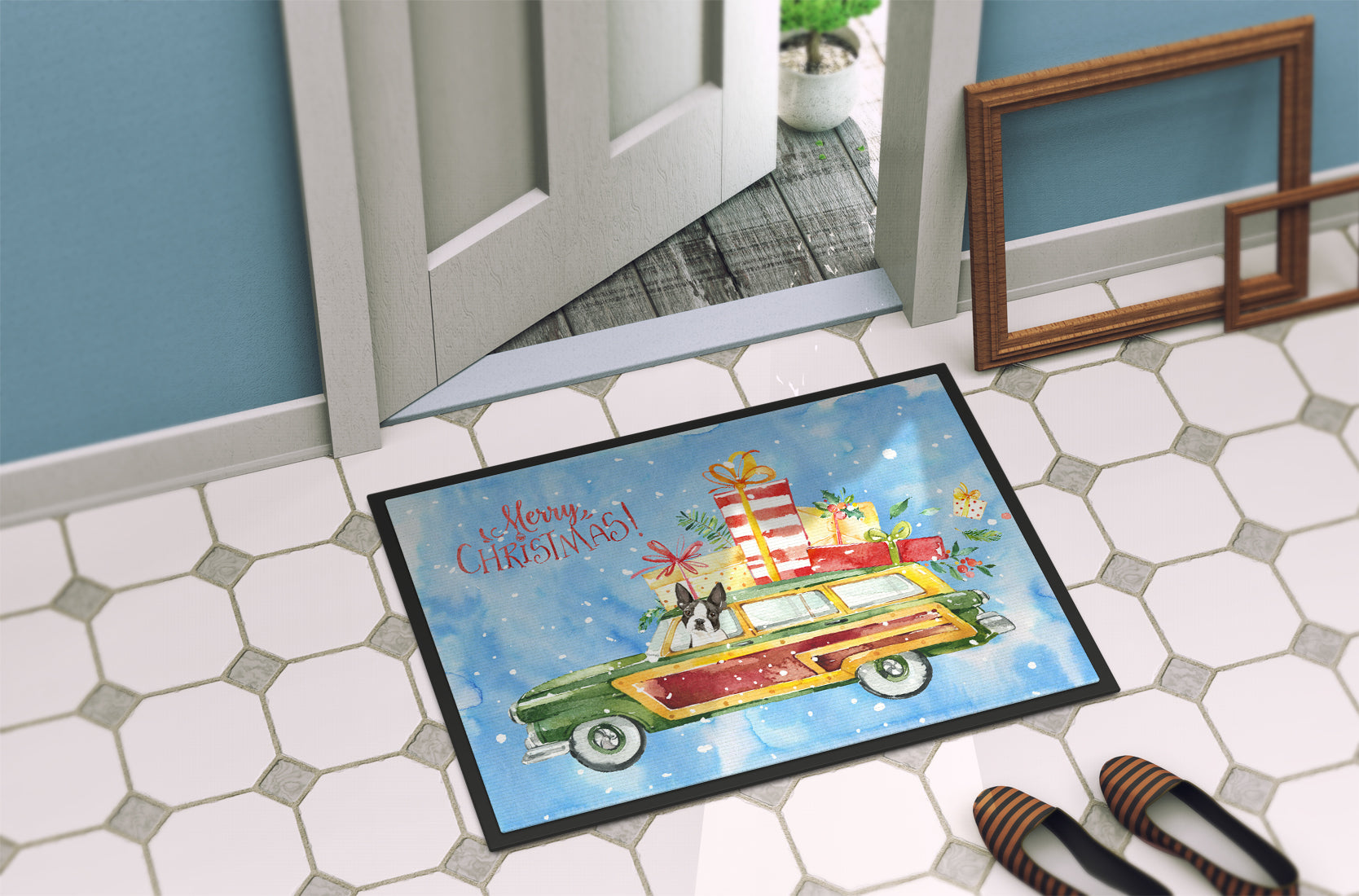 Merry Christmas Boston Terrier Doormat Indoor Outdoor 18H X 27W Front Door Mat Rugs for Entryway, Non Slip Washable