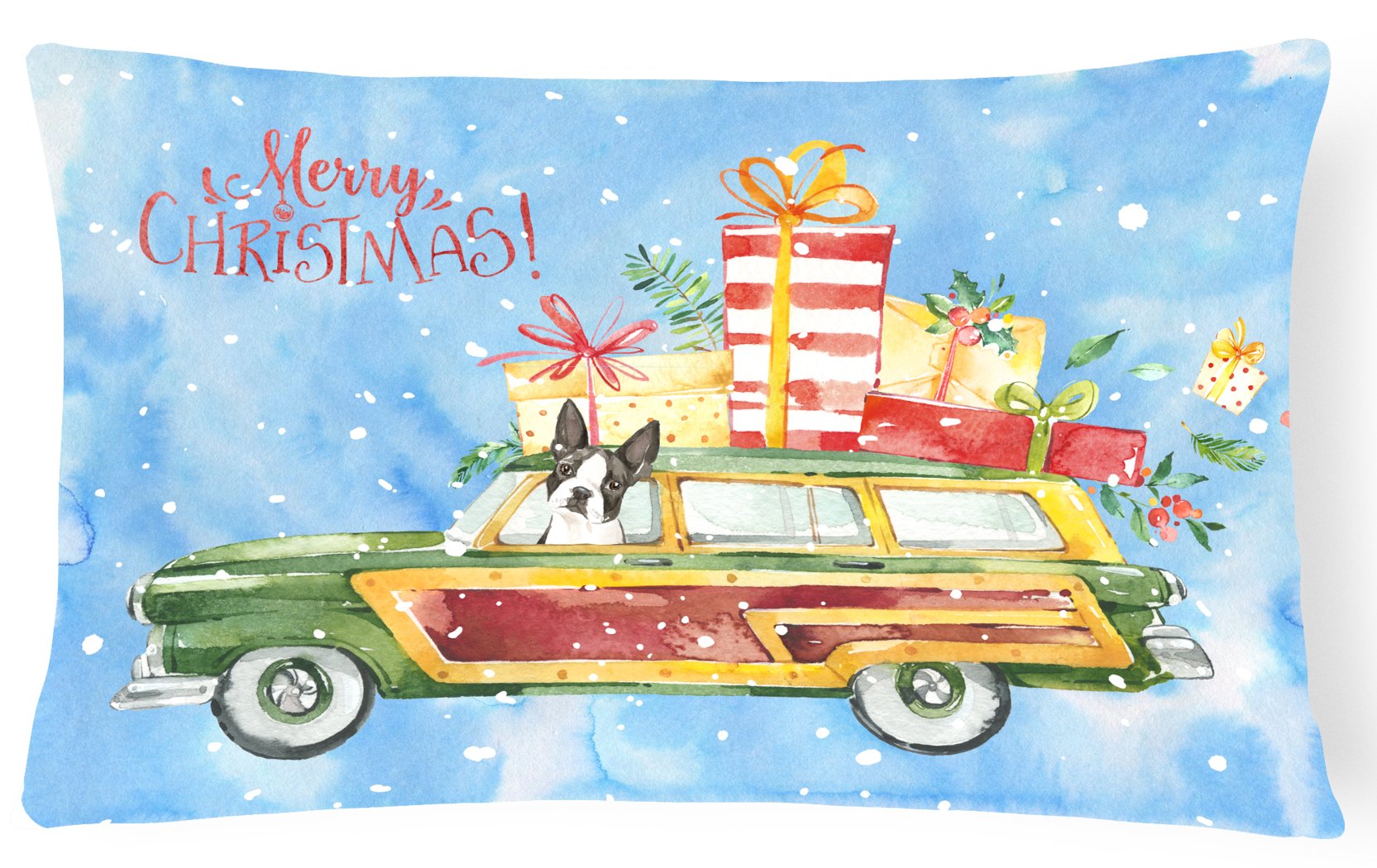 Merry Christmas Boston Terrier Decorative Throw Pillow 12x16 Indoor Outdoor Accent Cushion, Fabric Cover with Insert for Sofa, Bed, Porch & Living Room