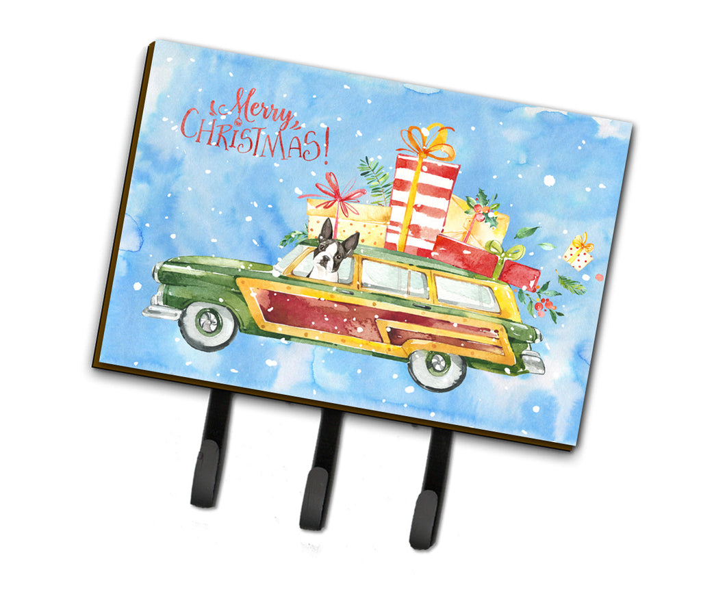 Merry Christmas Boston Terrier Leash or Key Holder Wall Hooks, Coat Rack Wall Mount, for Hanging Keys, Towels, Aprons, Leashes