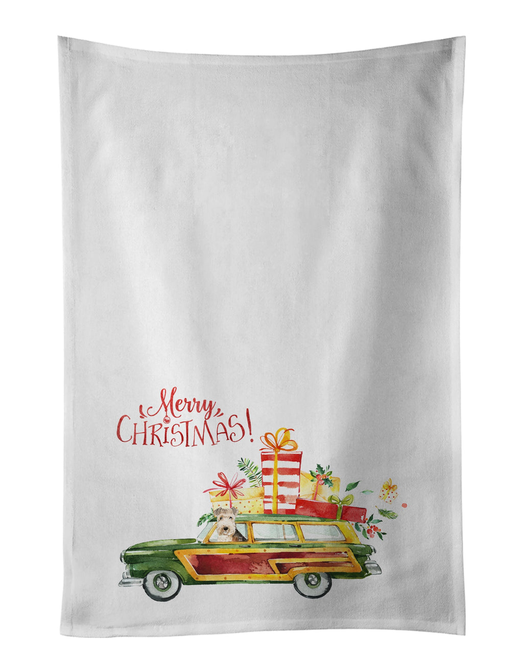 Merry Christmas Lakeland Terrier Kitchen Towel Set of 2 White Dish Towels Decorative Bathroom Hand towel for Hand, Face, Hair, Yoga, Tea, Dishcloth, 19 X 28", White