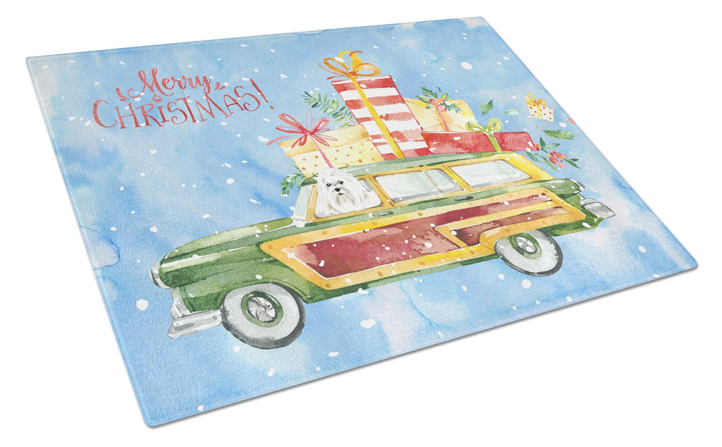 Merry Christmas Maltese Cutting Board Tempered Glass Kitchen Cutting Surface, Heat Resistant Chopping, Non-Slip Feet, Food Prep & Serving