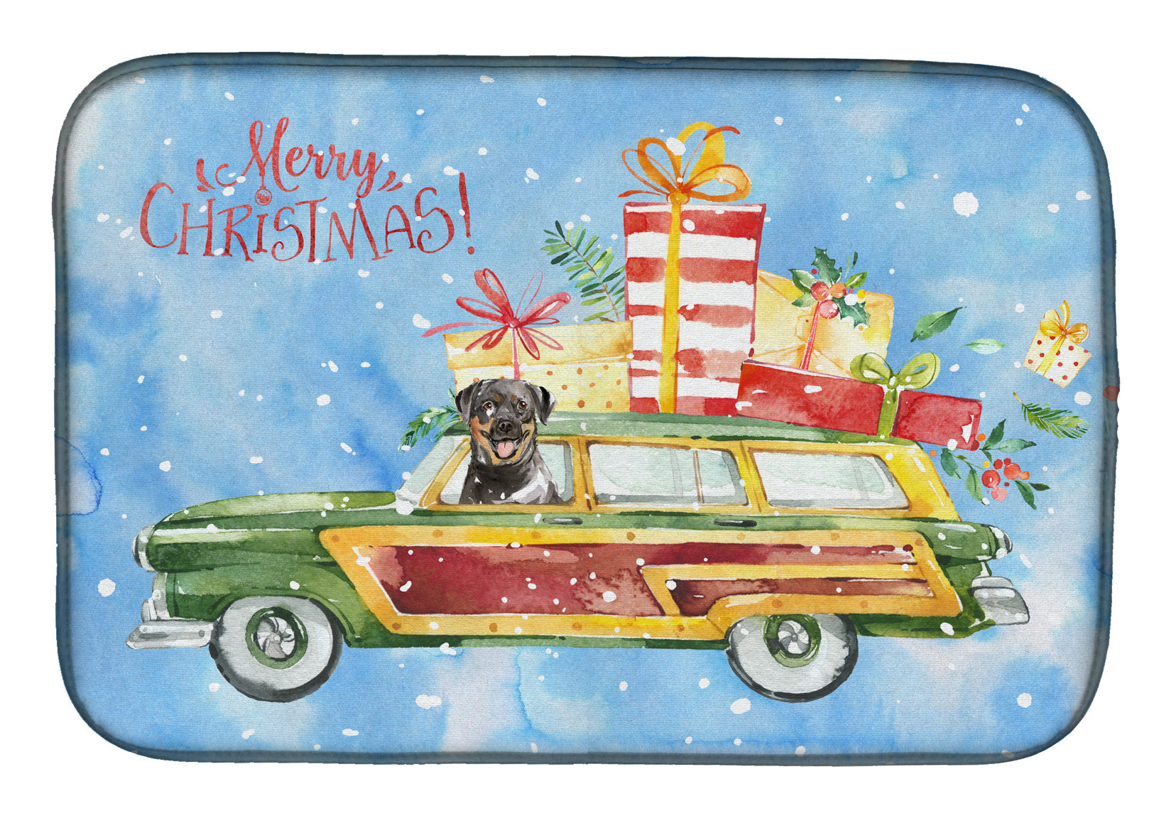 Merry Christmas Rottweiler Dish Drying Mat Absorbent Dish Drying Mat Pad for Kitchen Counter Dish Drainer Mat for Countertop, 14 x 21", Multicolor