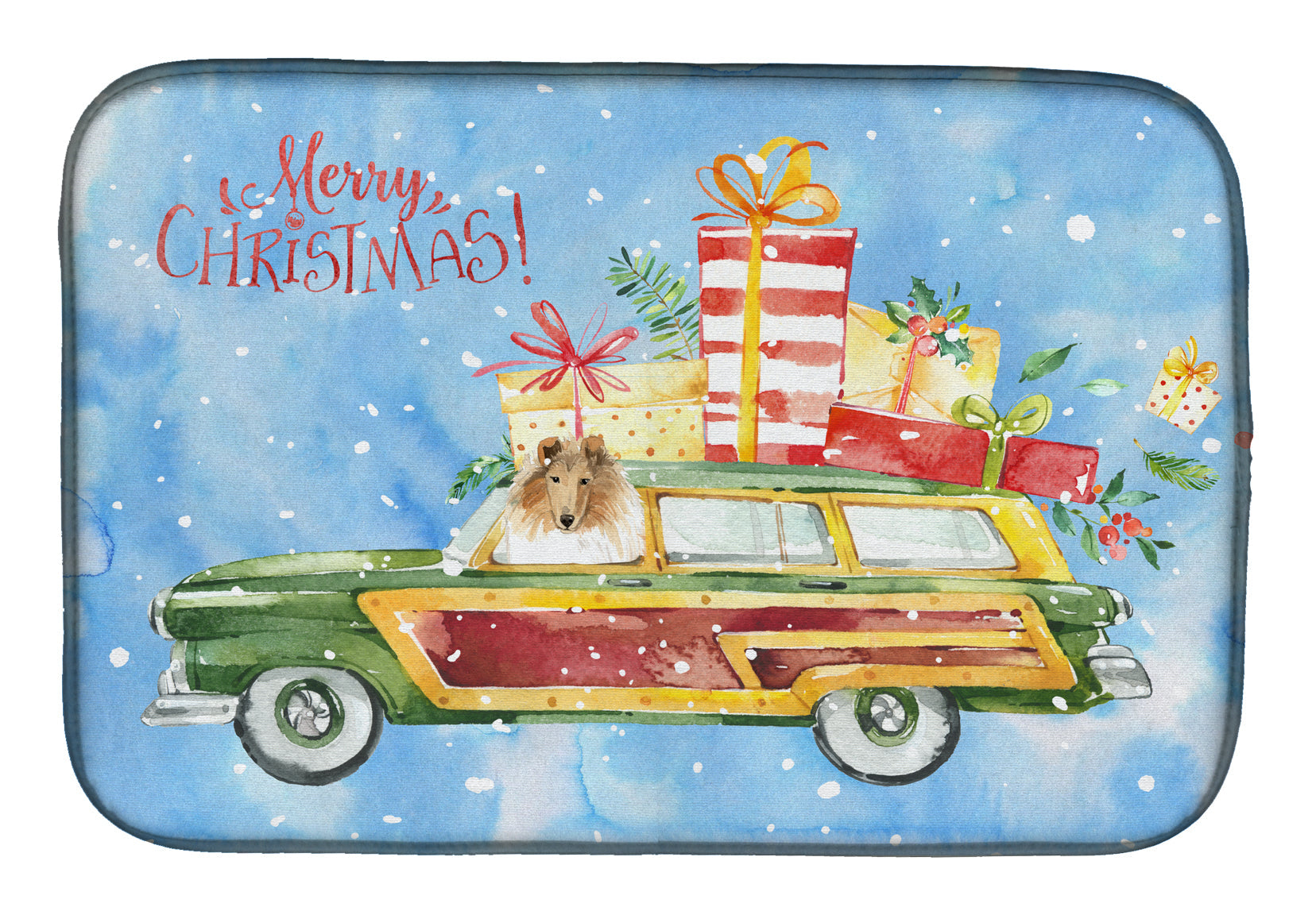 Merry Christmas Collie Dish Drying Mat Absorbent Dish Drying Mat Pad for Kitchen Counter Dish Drainer Mat for Countertop, 14 x 21", Multicolor