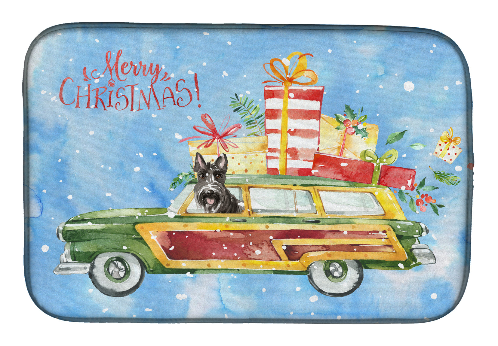 Merry Christmas Scottish Terrier Dish Drying Mat Absorbent Dish Drying Mat Pad for Kitchen Counter Dish Drainer Mat for Countertop, 14 x 21", Multicolor