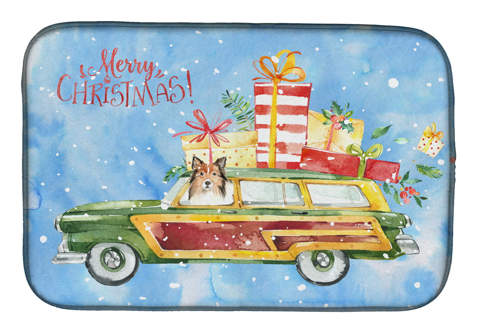 Merry Christmas Sheltie Dish Drying Mat Absorbent Dish Drying Mat Pad for Kitchen Counter Dish Drainer Mat for Countertop, 14 x 21", Multicolor