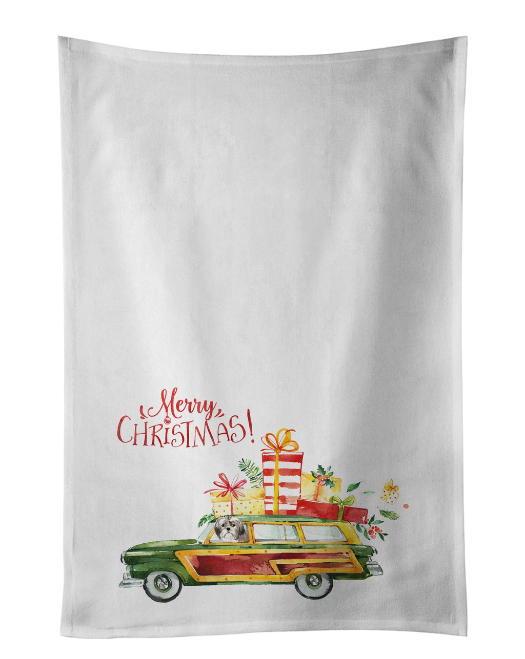 Merry Christmas Shih Tzu Puppy Cut Kitchen Towel Set of 2 White Dish Towels Decorative Bathroom Hand towel for Hand, Face, Hair, Yoga, Tea, Dishcloth, 19 X 28", White