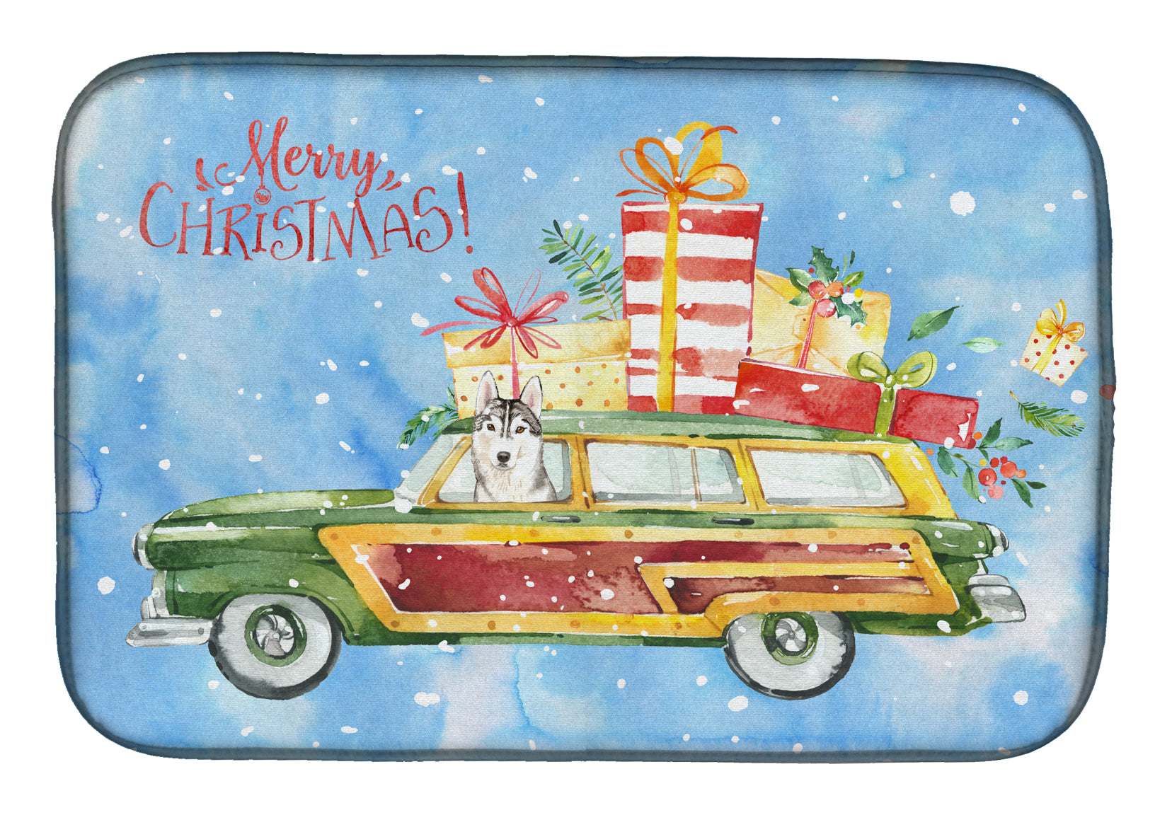 Merry Christmas Siberian Husky Dish Drying Mat Absorbent Dish Drying Mat Pad for Kitchen Counter Dish Drainer Mat for Countertop, 14 x 21", Multicolor