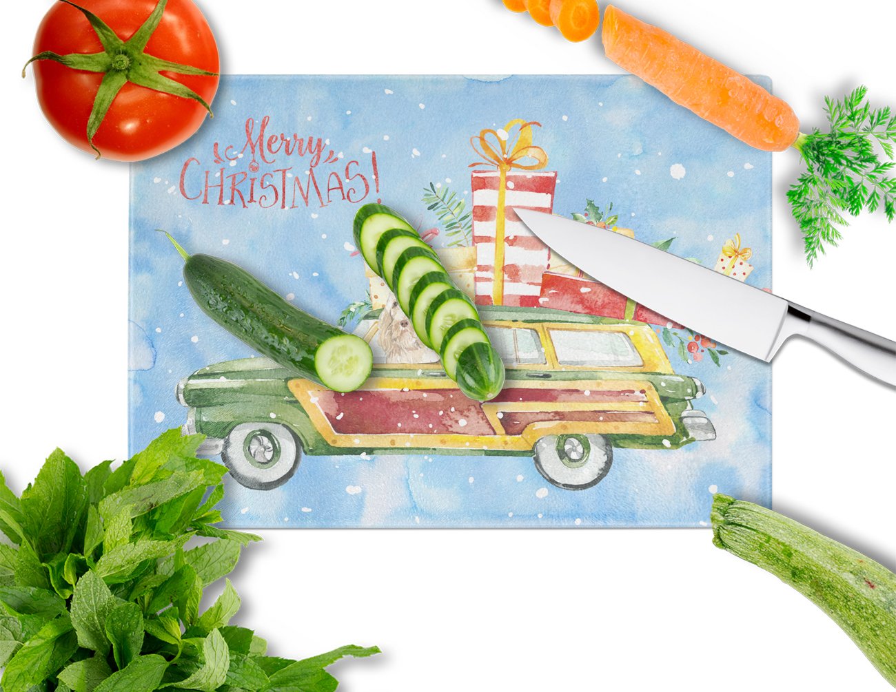 Merry Christmas Spinone Italiano Cutting Board Tempered Glass Kitchen Cutting Surface, Heat Resistant Chopping, Non-Slip Feet, Food Prep & Serving