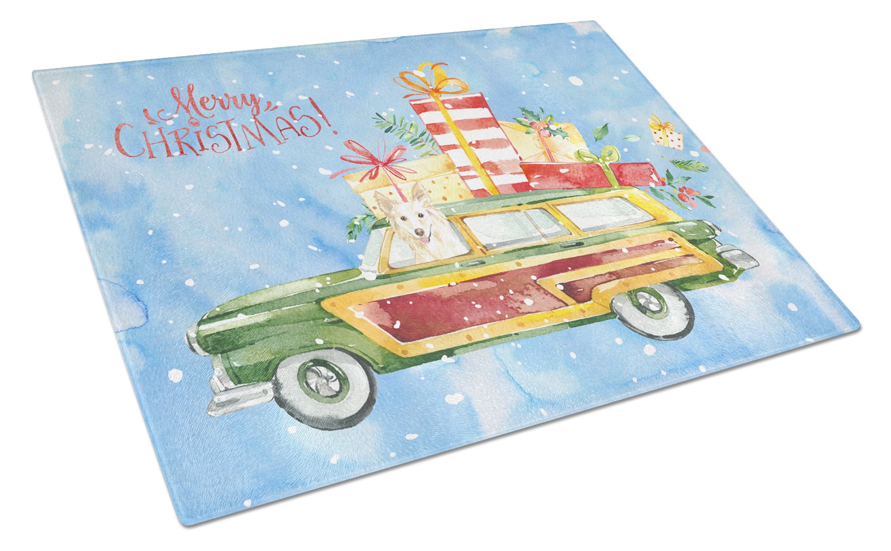 Merry Christmas White Collie Cutting Board Tempered Glass Kitchen Cutting Surface, Heat Resistant Chopping, Non-Slip Feet, Food Prep & Serving