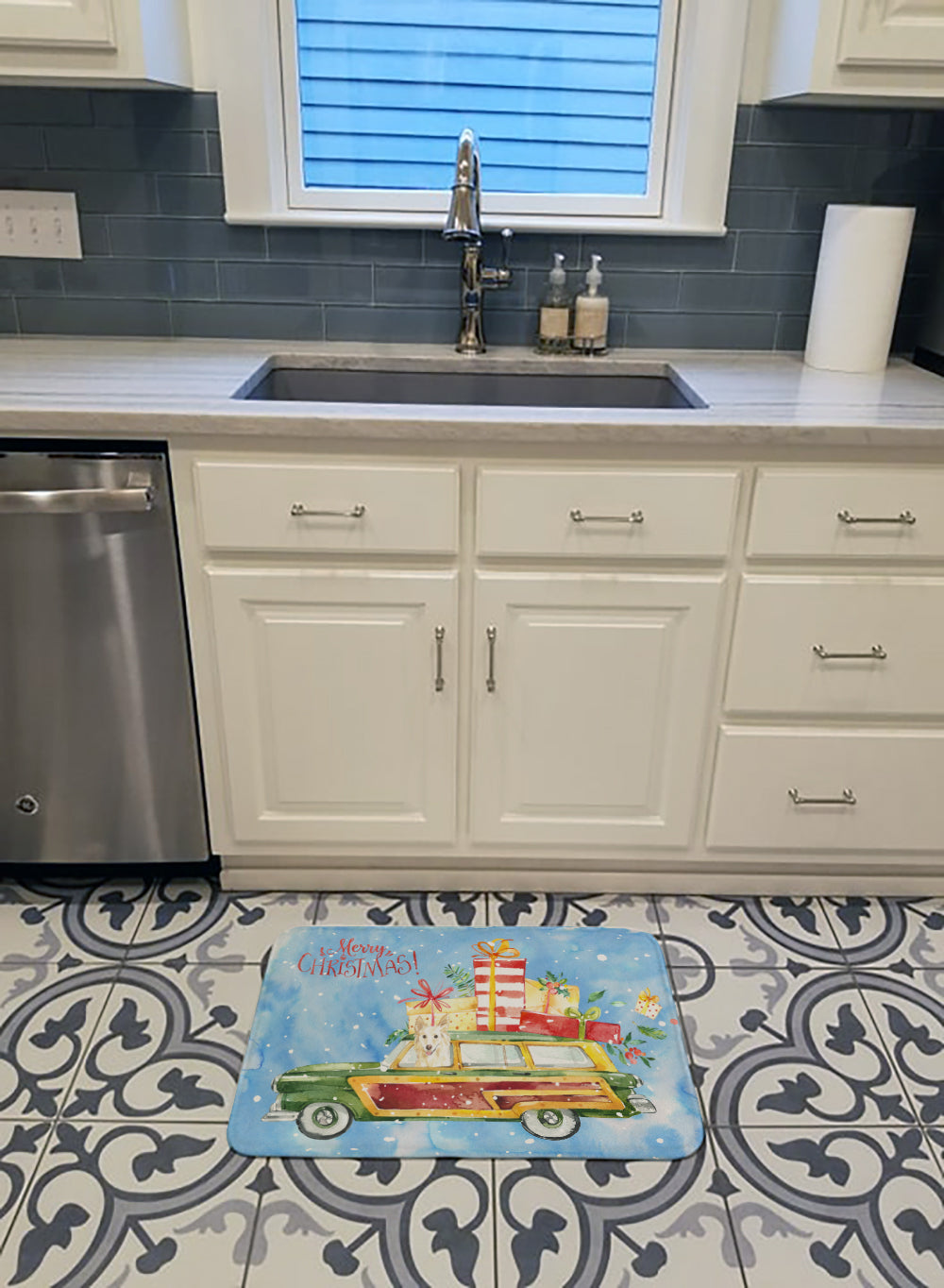 Merry Christmas White Collie Memory Foam Kitchen Mat Machine Washable Anti-Fatigue Cushion Comfort Bath or Kitchen Rug