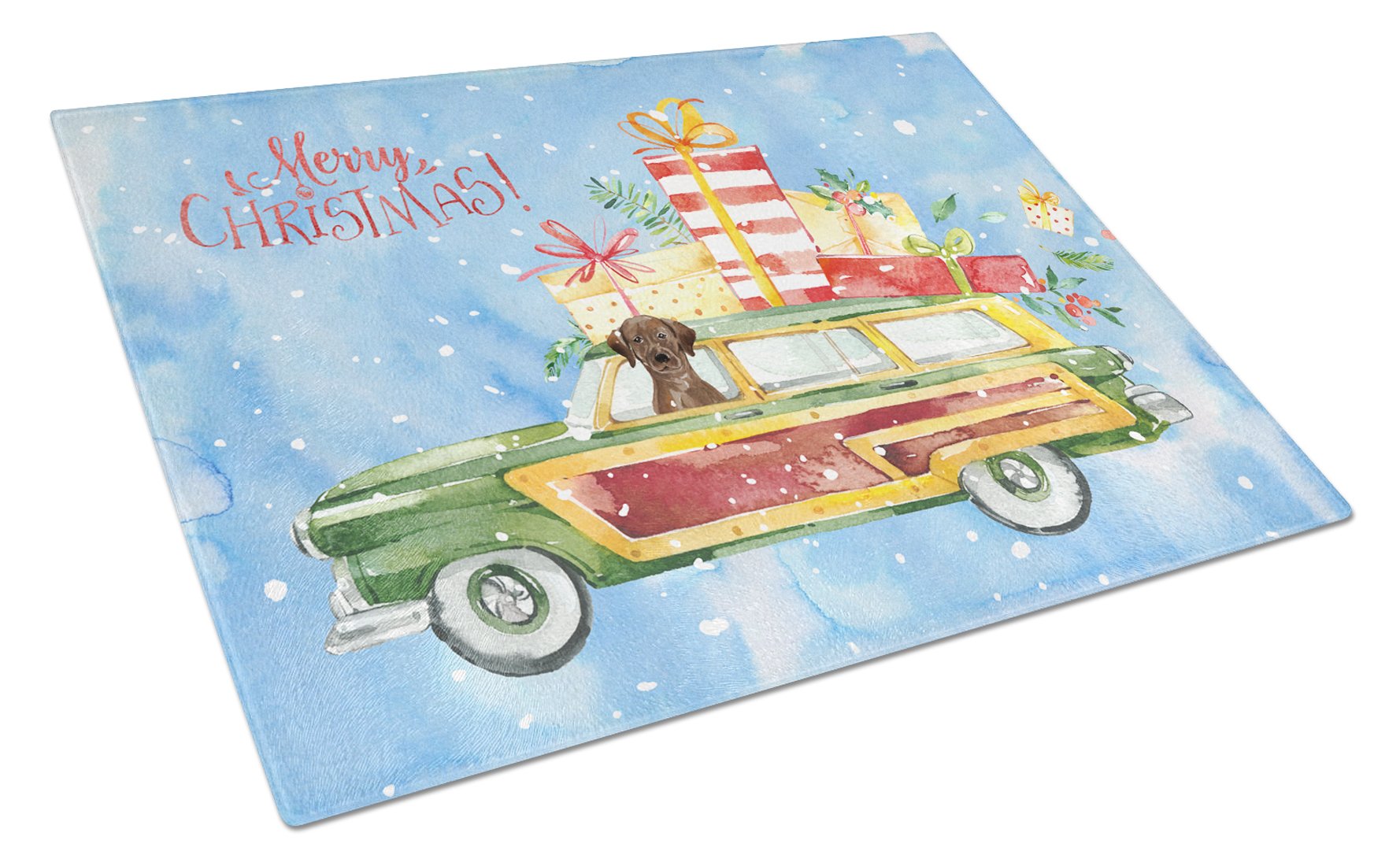 Merry Christmas Chocolate Labrador Retriever Cutting Board Tempered Glass Kitchen Cutting Surface, Heat Resistant Chopping, Non-Slip Feet, Food Prep & Serving