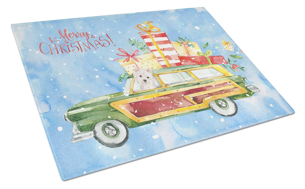 Merry Christmas Westie Cutting Board Tempered Glass Kitchen Cutting Surface, Heat Resistant Chopping, Non-Slip Feet, Food Prep & Serving