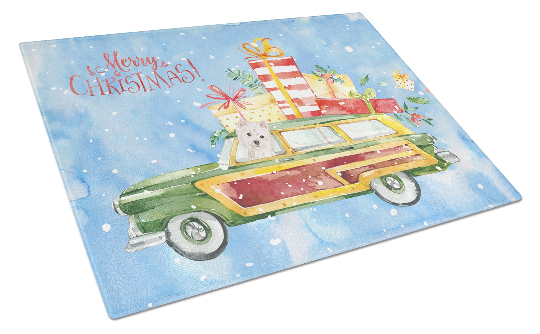 Merry Christmas Westie Cutting Board Tempered Glass Kitchen Cutting Surface, Heat Resistant Chopping, Non-Slip Feet, Food Prep & Serving