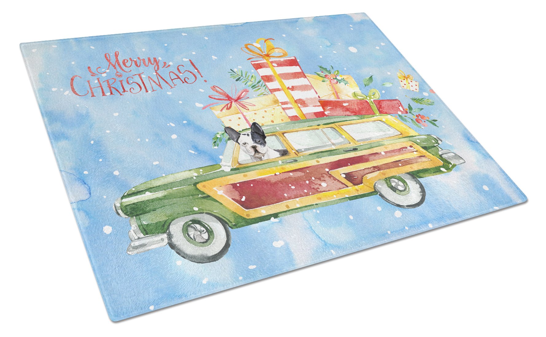 Merry Christmas French Bulldog Cutting Board Tempered Glass Kitchen Cutting Surface, Heat Resistant Chopping, Non-Slip Feet, Food Prep & Serving
