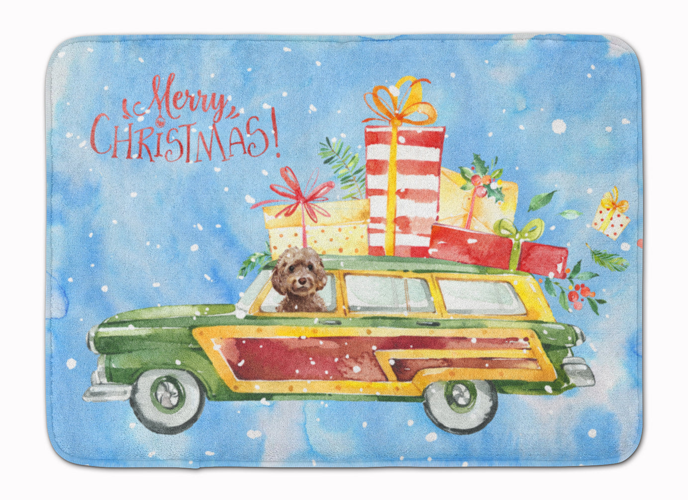 Merry Christmas Brown Cockapoo Memory Foam Kitchen Mat Machine Washable Anti-Fatigue Cushion Comfort Bath or Kitchen Rug