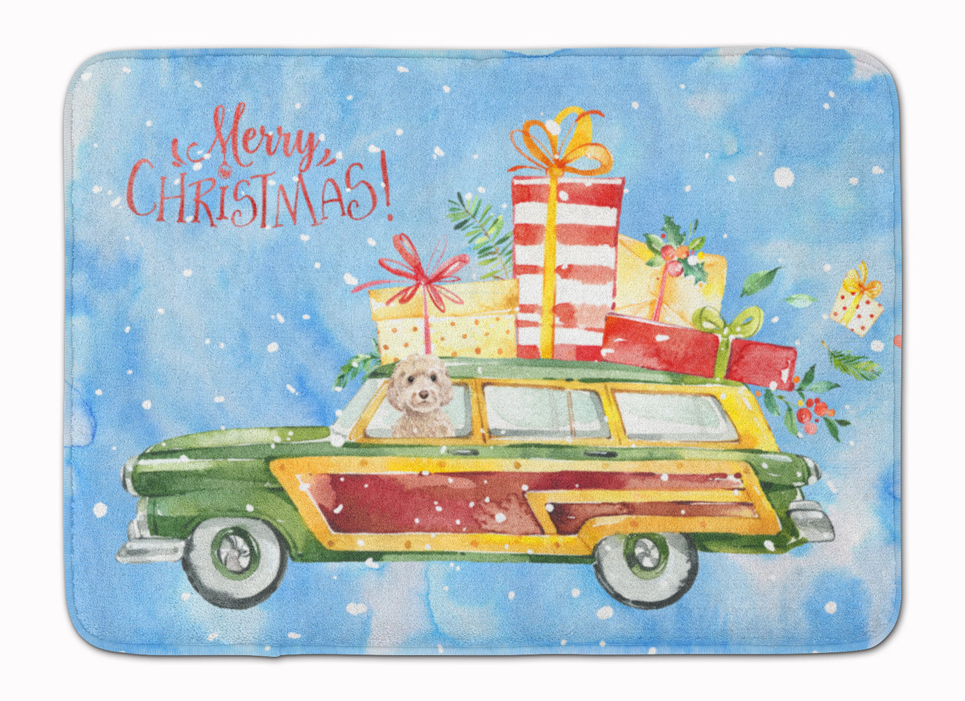 Merry Christmas Champagne Cockapoo Memory Foam Kitchen Mat Machine Washable Anti-Fatigue Cushion Comfort Bath or Kitchen Rug