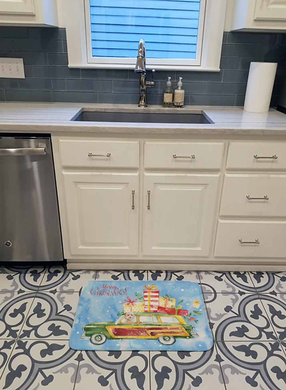 Merry Christmas Champagne Cockapoo Memory Foam Kitchen Mat Machine Washable Anti-Fatigue Cushion Comfort Bath or Kitchen Rug