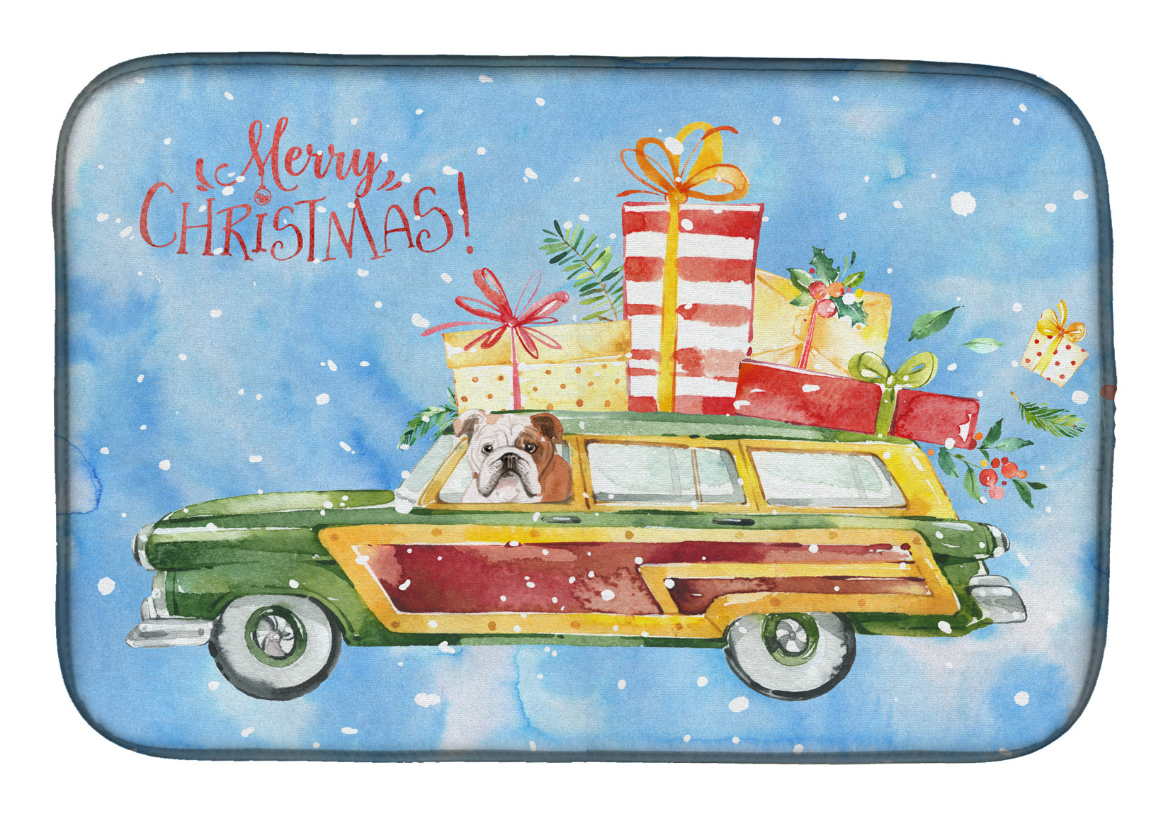 Merry Christmas English Bulldog Dish Drying Mat Absorbent Dish Drying Mat Pad for Kitchen Counter Dish Drainer Mat for Countertop, 14 x 21", Multicolor