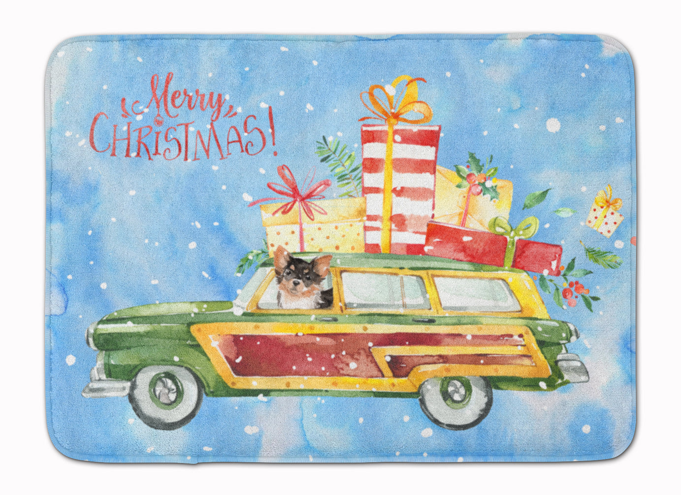 Merry Christmas Long Haired Chihuahua Memory Foam Kitchen Mat Machine Washable Anti-Fatigue Cushion Comfort Bath or Kitchen Rug