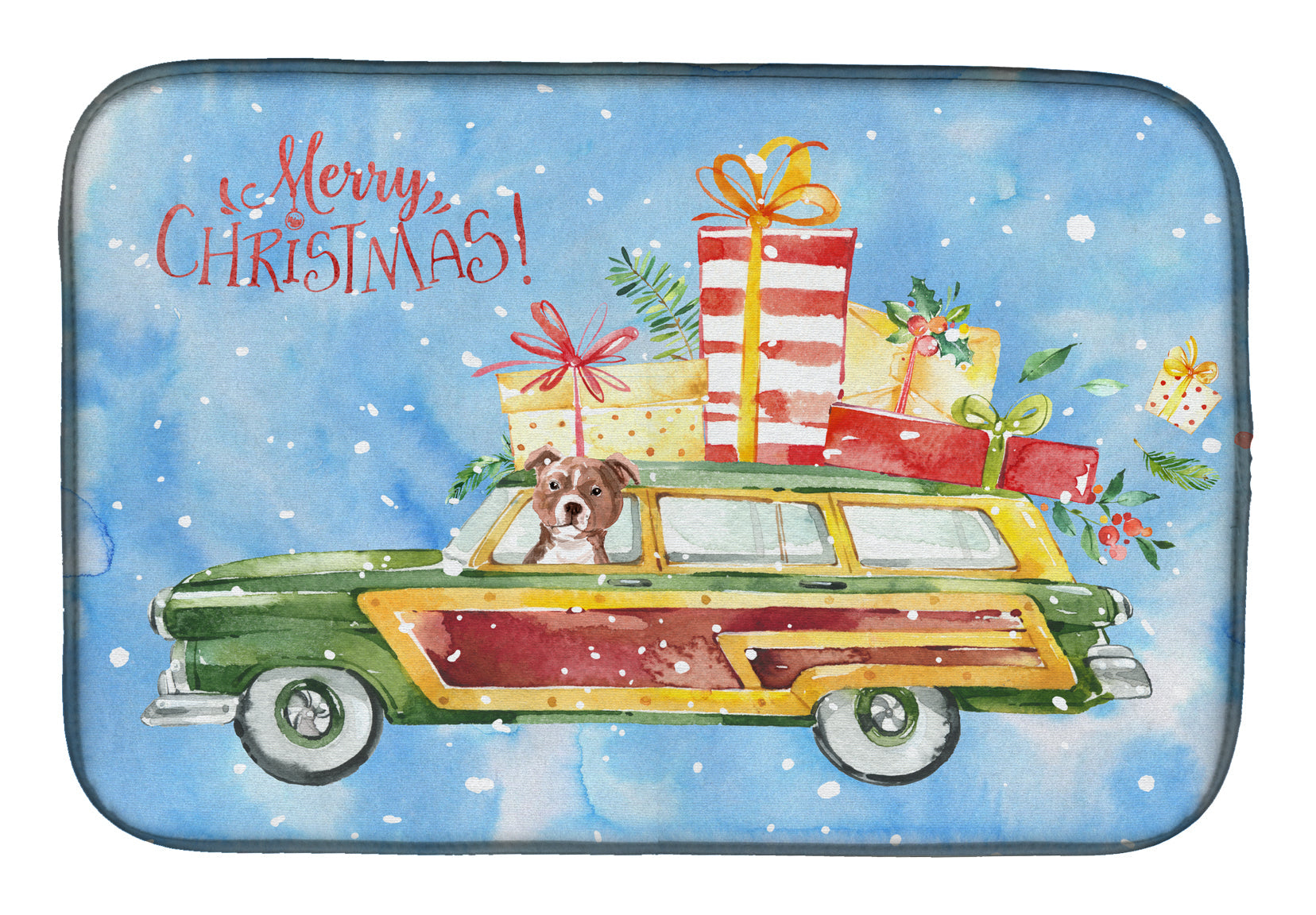 Merry Christmas Red Staffie Bull Terrier Dish Drying Mat Absorbent Dish Drying Mat Pad for Kitchen Counter Dish Drainer Mat for Countertop, 14 x 21", Multicolor