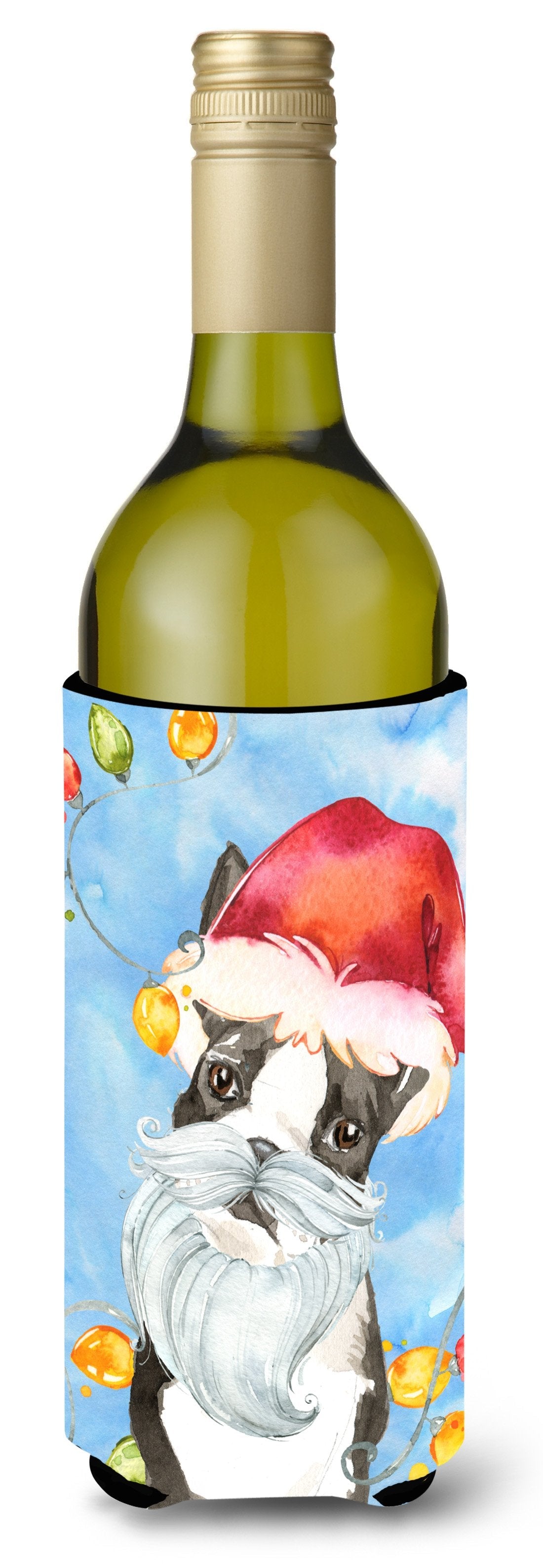 Christmas Lights Boston Terrier Wine Bottle Hugger Gift Sleeve for Standard 750 ml Bottles, Insulated Reusable Also Fits Mini Shot & Pint Bottles