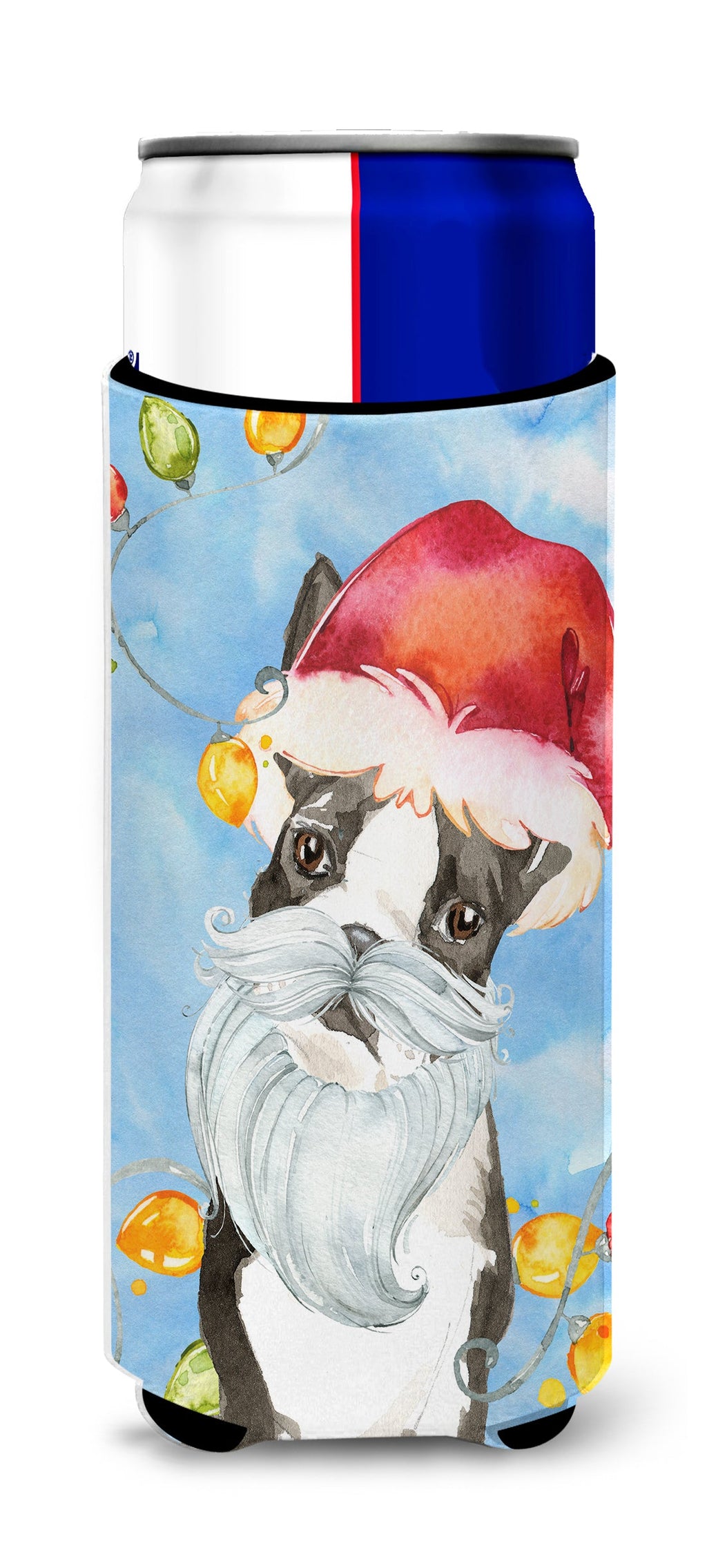 Christmas Lights Boston Terrier Slim Can Hugger , Insulated Foam Hugger for 12 oz Slim Cans, Beer Bottles & Water Bottles, Printed in USA