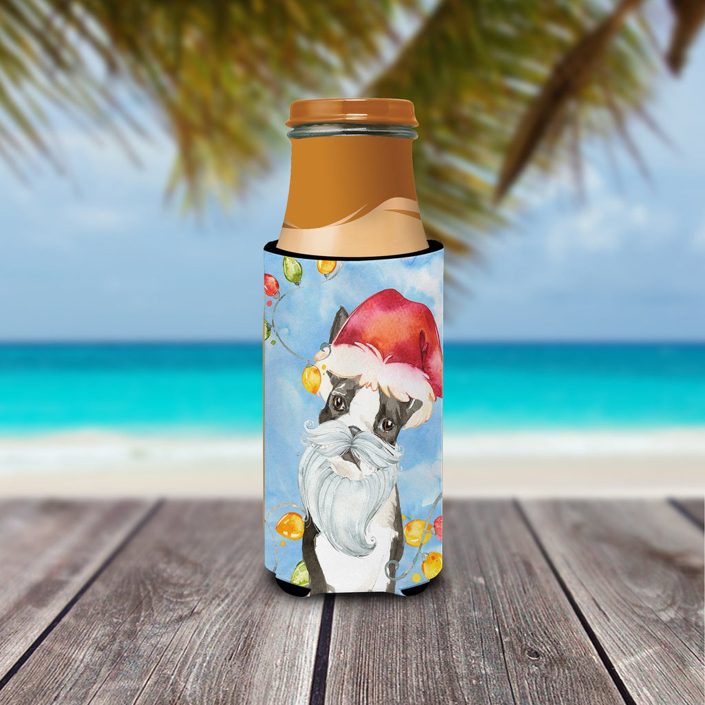 Christmas Lights Boston Terrier Slim Can Hugger , Insulated Foam Hugger for 12 oz Slim Cans, Beer Bottles & Water Bottles, Printed in USA