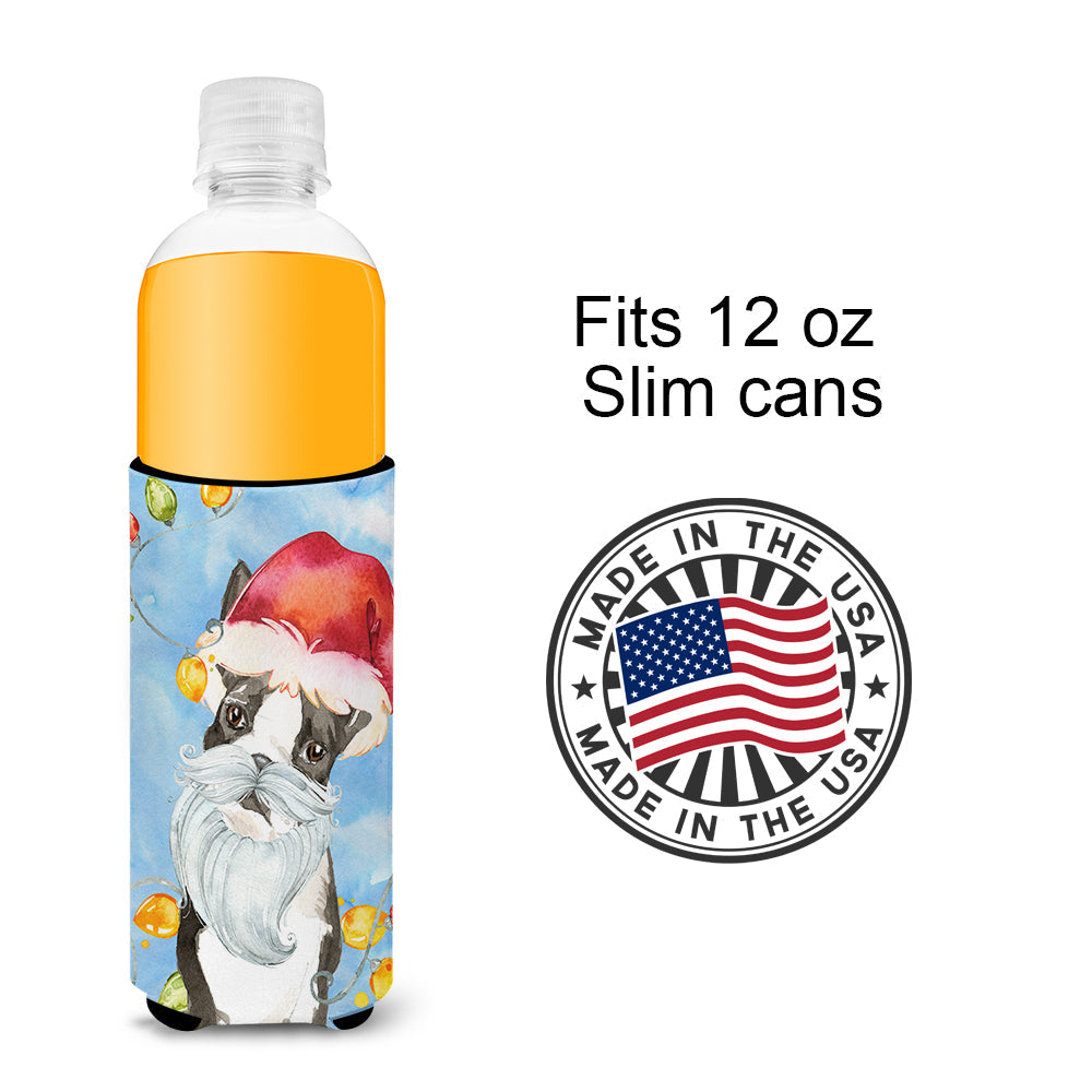 Christmas Lights Boston Terrier Slim Can Hugger , Insulated Foam Hugger for 12 oz Slim Cans, Beer Bottles & Water Bottles, Printed in USA