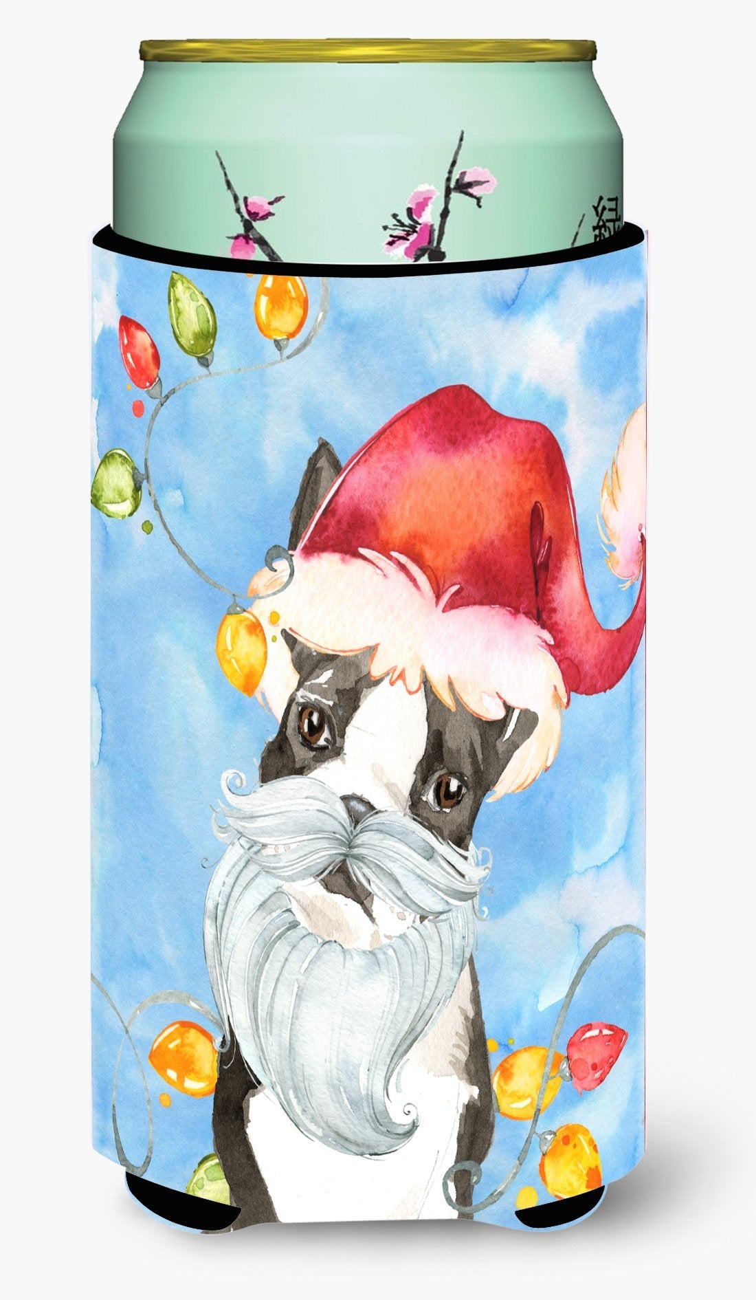 Christmas Lights Boston Terrier Tall Boy Hugger Can Cooler Sleeve Machine Washable Drink Collapsible Insulator Beverage Insulated Holder