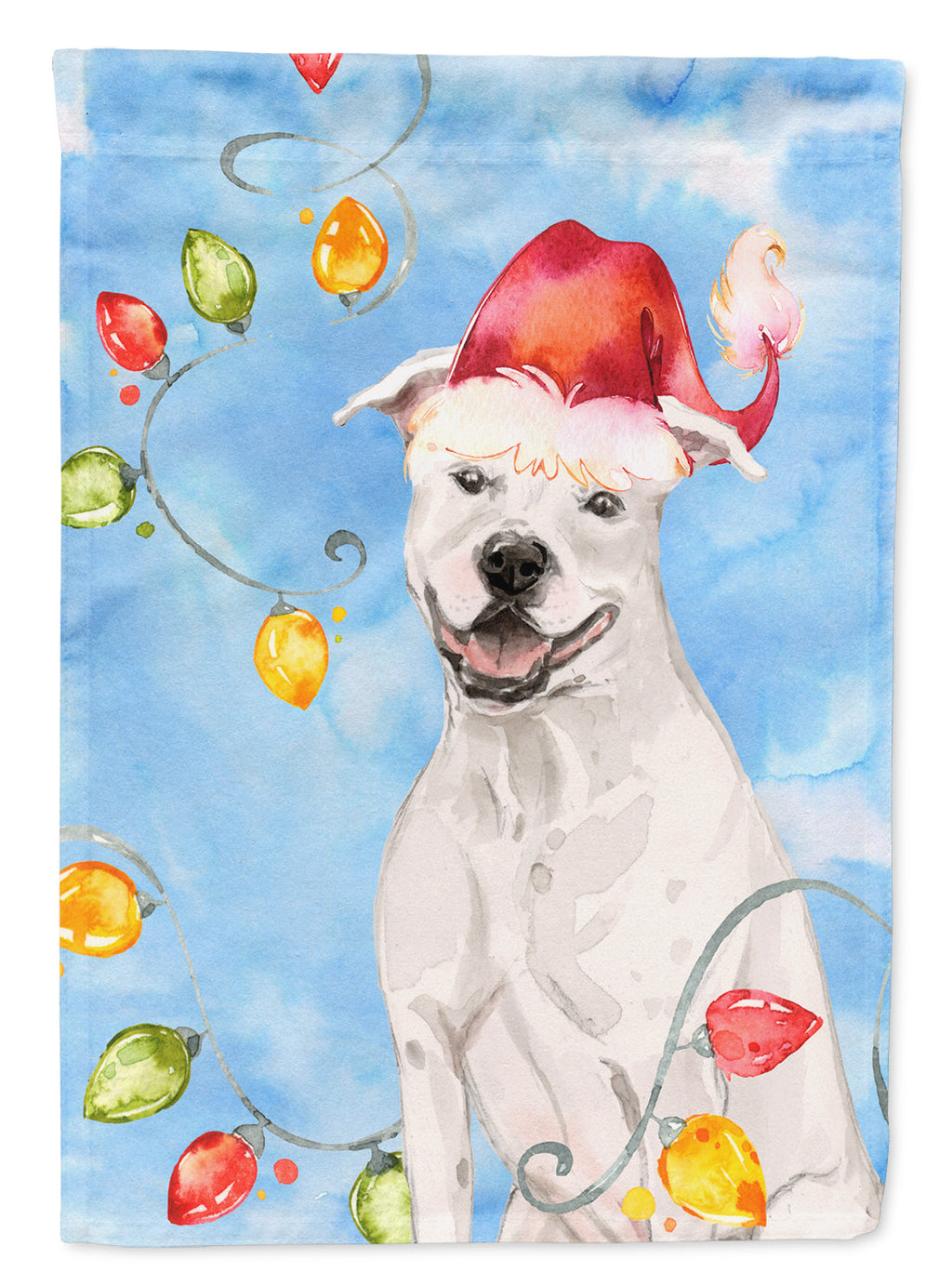 Christmas Lights White Staffie Bull Terrier House Flag 28x40 Porch Sleeve Pole Decorative Outside Yard Banner Artwork Wall Hanging, Polyester