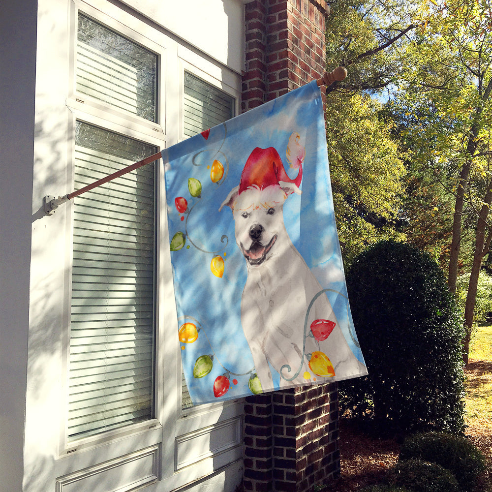 Christmas Lights White Staffie Bull Terrier House Flag 28x40 Porch Sleeve Pole Decorative Outside Yard Banner Artwork Wall Hanging, Polyester