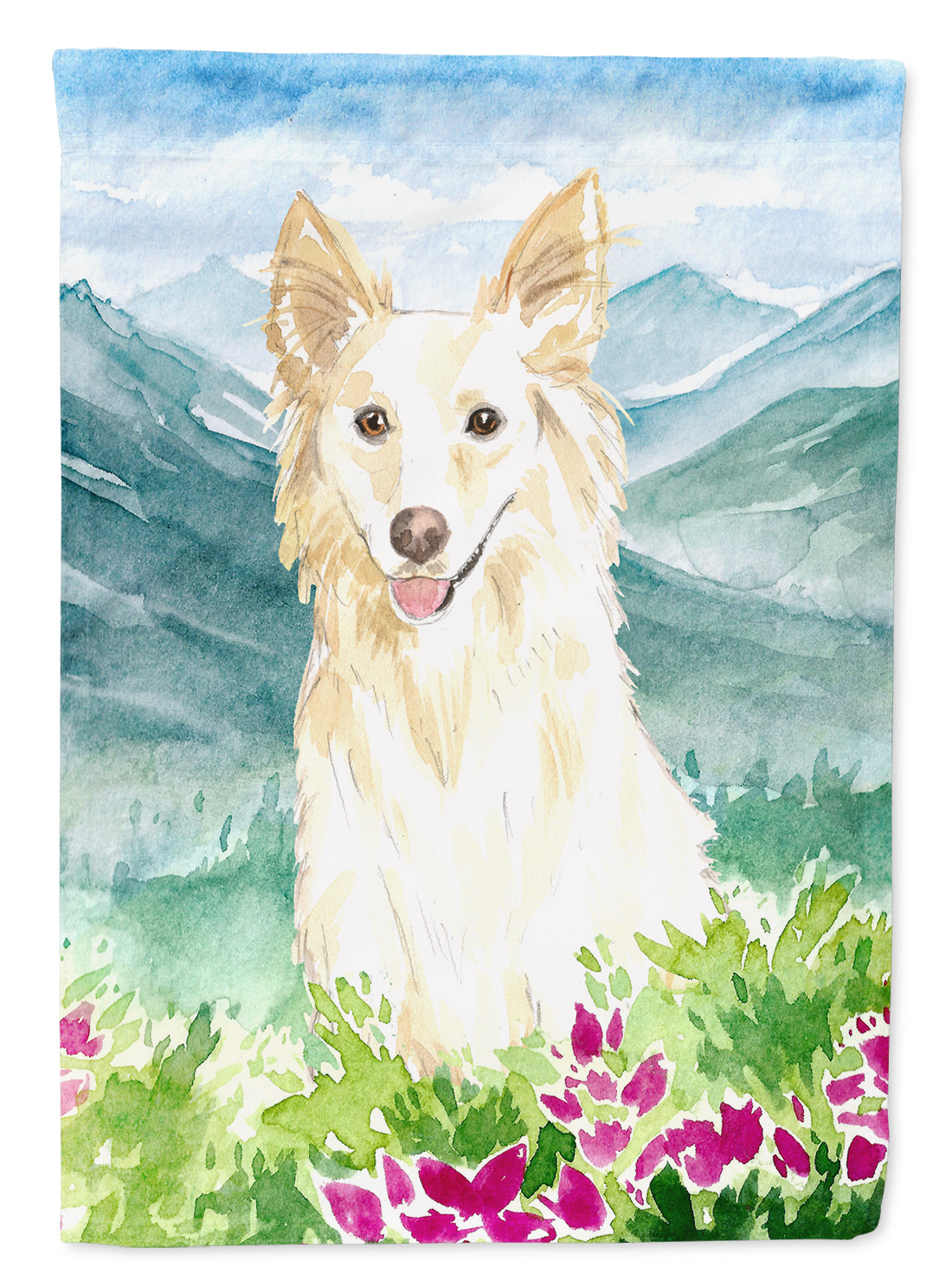 Mountian Flowers White Collie House Flag 28x40 Porch Sleeve Pole Decorative Outside Yard Banner Artwork Wall Hanging, Polyester