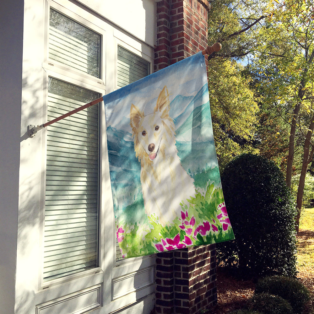 Mountian Flowers White Collie House Flag 28x40 Porch Sleeve Pole Decorative Outside Yard Banner Artwork Wall Hanging, Polyester