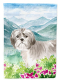 Mountain Flowers Shih Tzu Puppy House Flag 28x40 Porch Sleeve Pole Decorative Outside Yard Banner Artwork Wall Hanging, Polyester