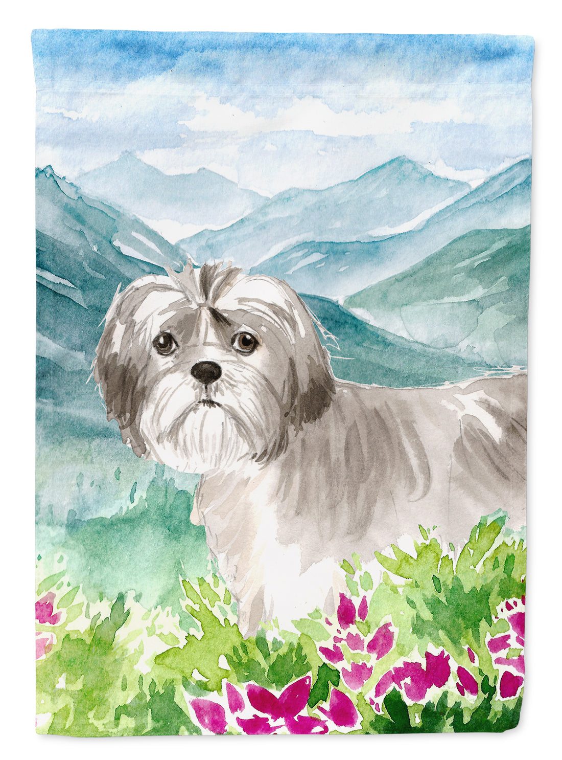 Mountain Flowers Shih Tzu Puppy House Flag 28x40 Porch Sleeve Pole Decorative Outside Yard Banner Artwork Wall Hanging, Polyester