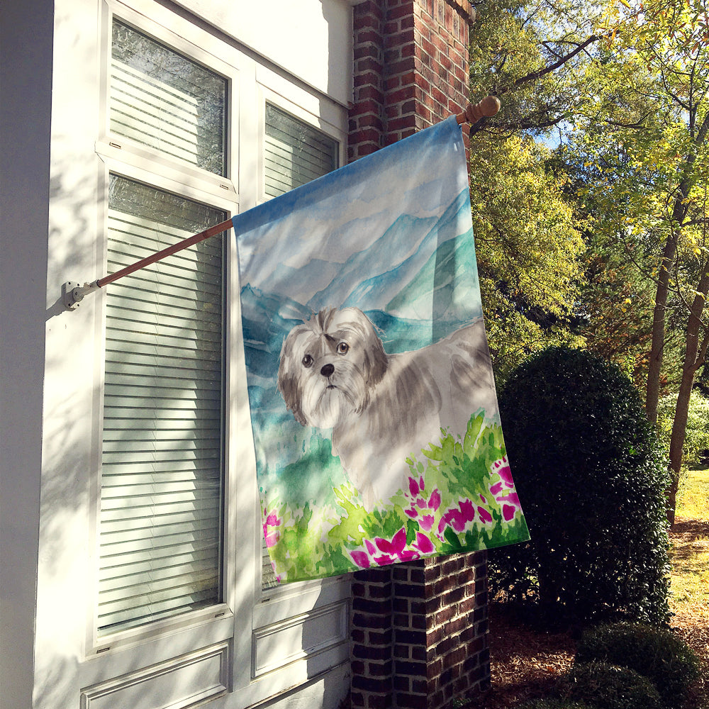 Mountain Flowers Shih Tzu Puppy House Flag 28x40 Porch Sleeve Pole Decorative Outside Yard Banner Artwork Wall Hanging, Polyester