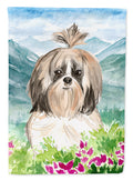 Mountain Flowers Shih Tzu House Flag 28x40 Porch Sleeve Pole Decorative Outside Yard Banner Artwork Wall Hanging, Polyester