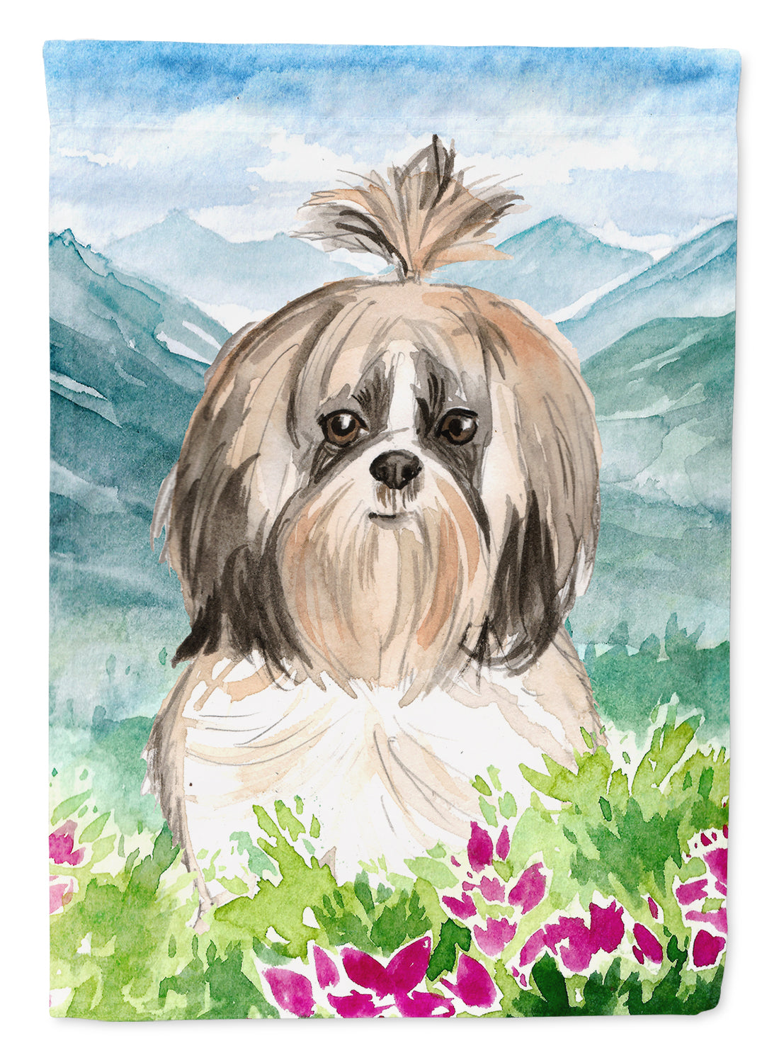Mountain Flowers Shih Tzu House Flag 28x40 Porch Sleeve Pole Decorative Outside Yard Banner Artwork Wall Hanging, Polyester