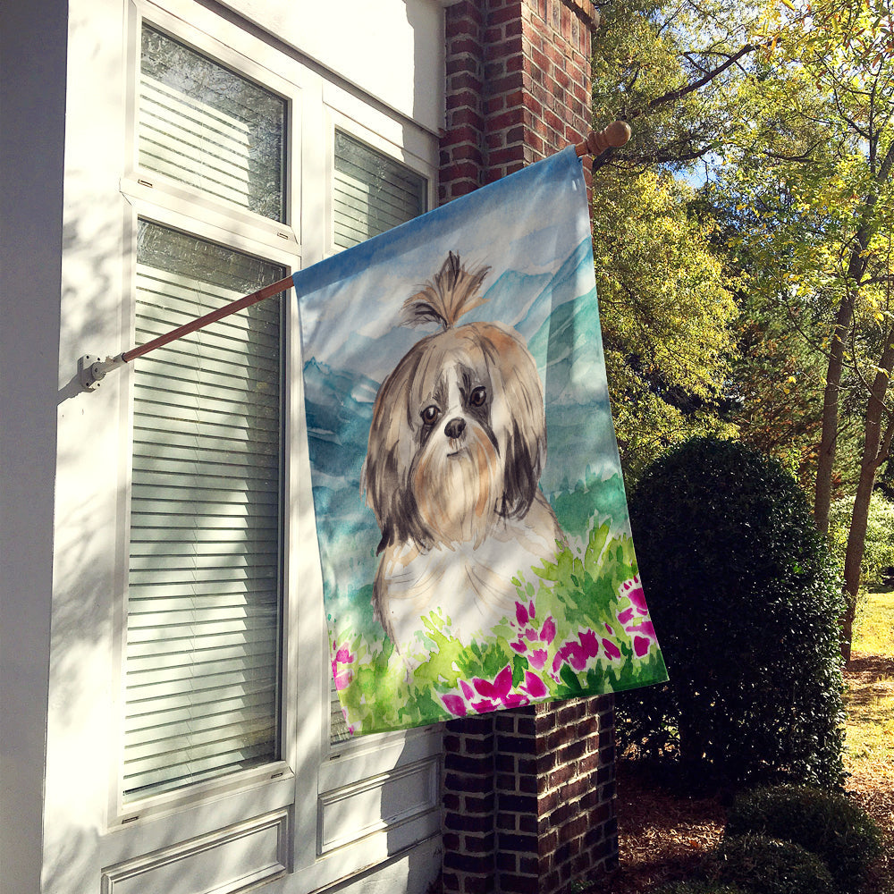 Mountain Flowers Shih Tzu House Flag 28x40 Porch Sleeve Pole Decorative Outside Yard Banner Artwork Wall Hanging, Polyester
