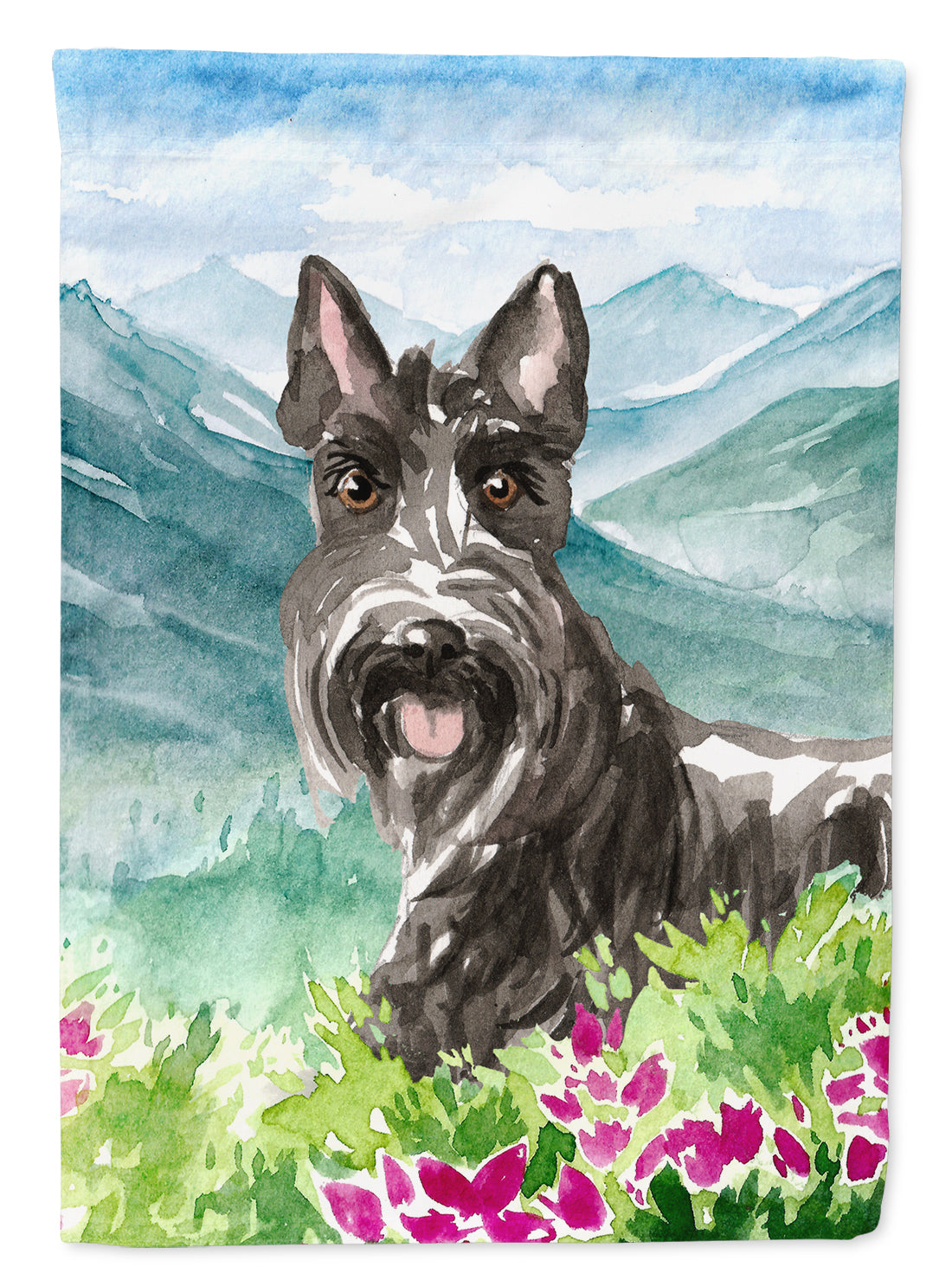 Mountain Flowers Scottish Terrier House Flag 28x40 Porch Sleeve Pole Decorative Outside Yard Banner Artwork Wall Hanging, Polyester