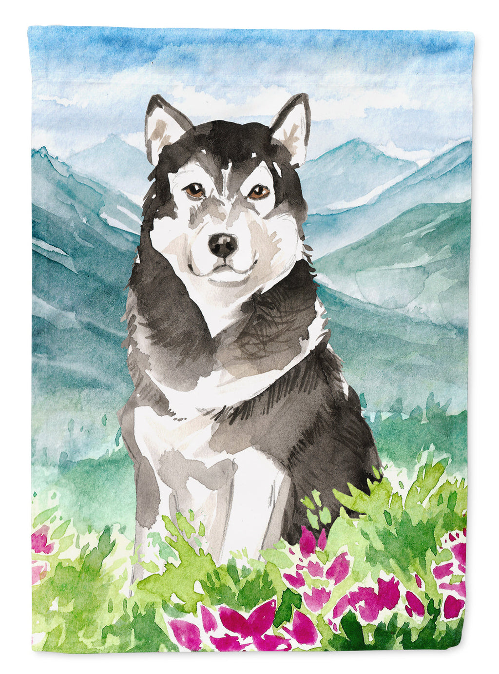 Mountain Flowers Alaskan Malamute House Flag 28x40 Porch Sleeve Pole Decorative Outside Yard Banner Artwork Wall Hanging, Polyester