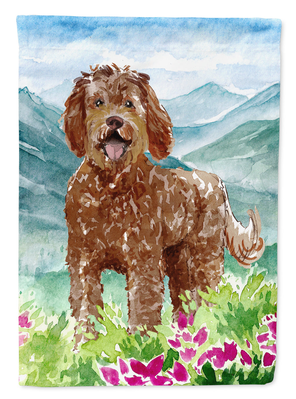 Mountain Flowers Labradoodle House Flag 28x40 Porch Sleeve Pole Decorative Outside Yard Banner Artwork Wall Hanging, Polyester