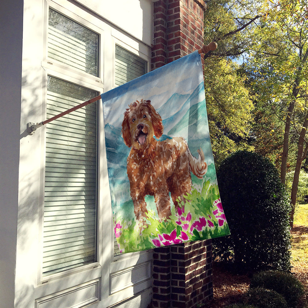 Mountain Flowers Labradoodle House Flag 28x40 Porch Sleeve Pole Decorative Outside Yard Banner Artwork Wall Hanging, Polyester