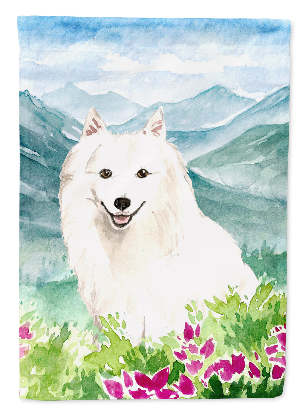 Mountain Flowers Japanese Spitz House Flag 28x40 Porch Sleeve Pole Decorative Outside Yard Banner Artwork Wall Hanging, Polyester
