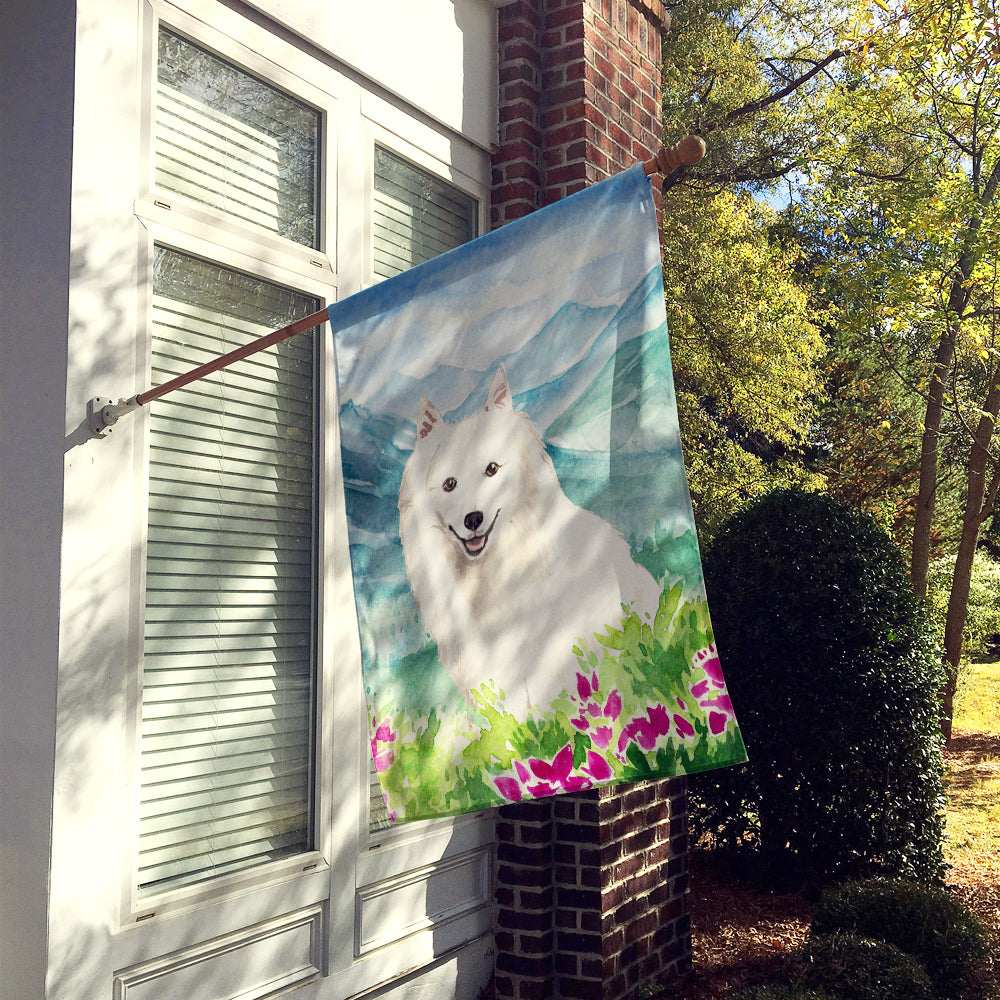 Mountain Flowers Japanese Spitz House Flag 28x40 Porch Sleeve Pole Decorative Outside Yard Banner Artwork Wall Hanging, Polyester