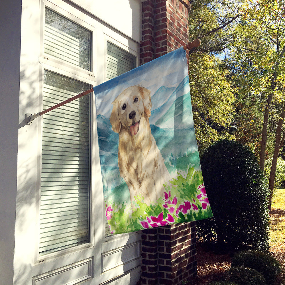 Mountain Flowers Golden Retriever House Flag 28x40 Porch Sleeve Pole Decorative Outside Yard Banner Artwork Wall Hanging, Polyester