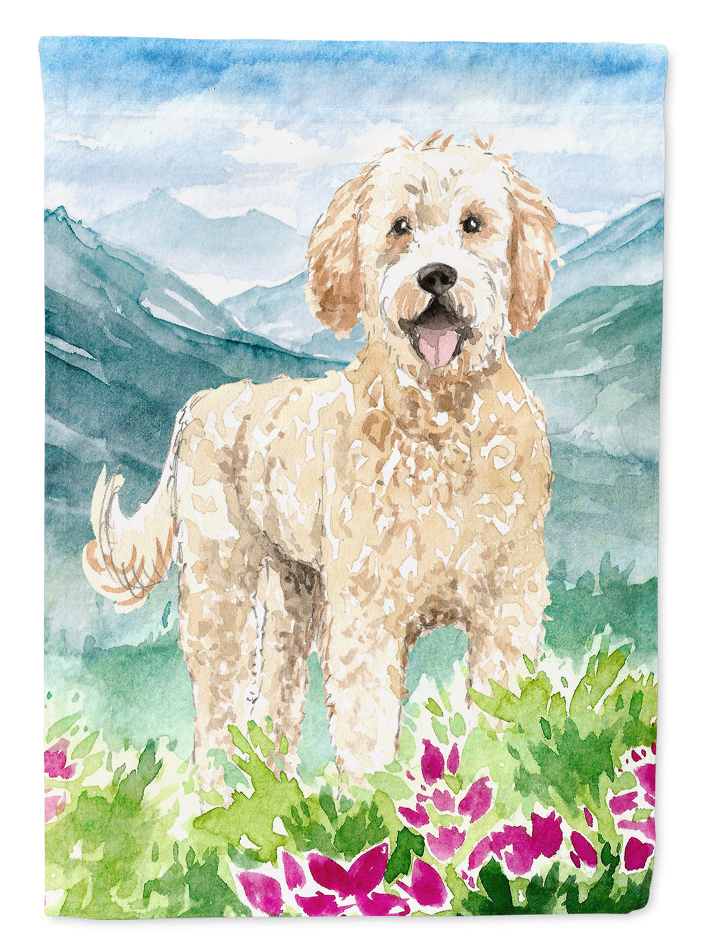 Mountain Flowers Goldendoodle House Flag 28x40 Porch Sleeve Pole Decorative Outside Yard Banner Artwork Wall Hanging, Polyester