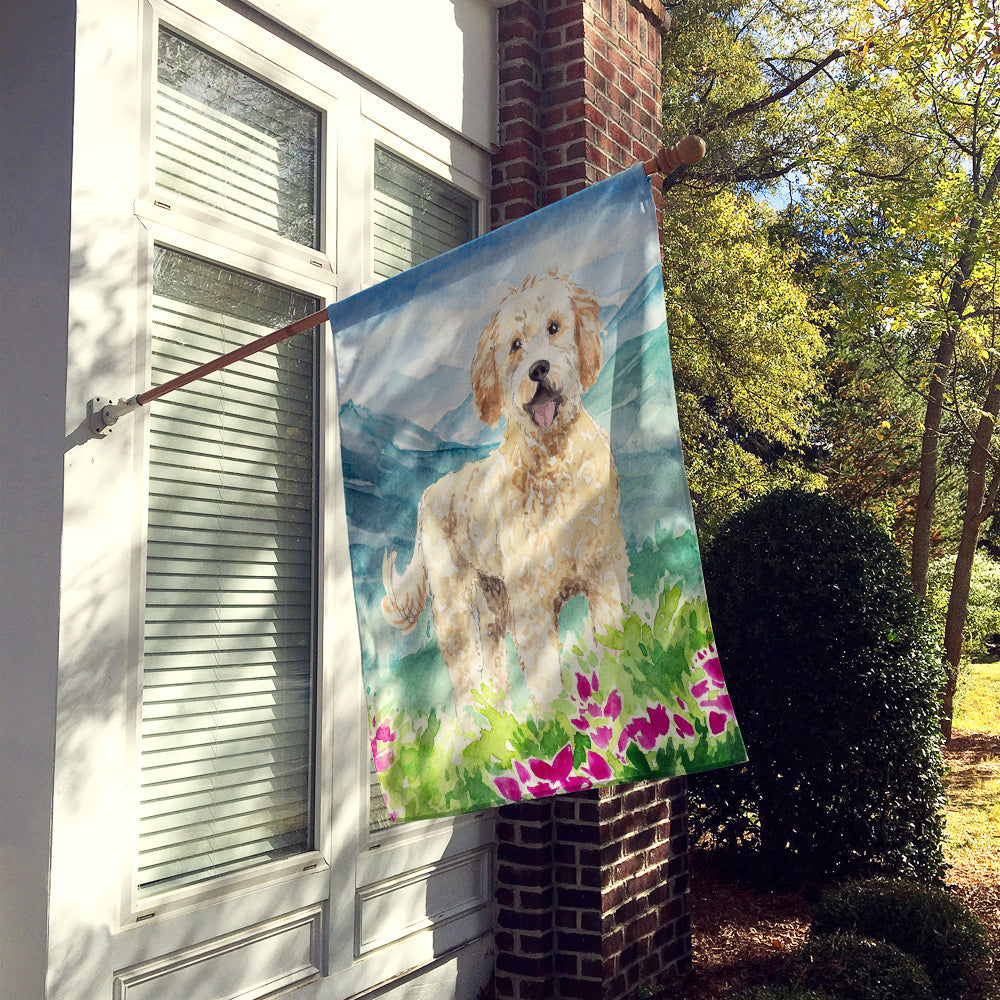 Mountain Flowers Goldendoodle House Flag 28x40 Porch Sleeve Pole Decorative Outside Yard Banner Artwork Wall Hanging, Polyester